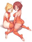  2girls absurdres ahoge aomoro ass back bangs blonde_hair blue_eyes blush breasts brown_hair commentary elbow_gloves eyebrows_visible_through_hair feet from_behind full_body gloves grin hair_bun highres kneeling leotard looking_at_viewer looking_back medium_breasts megami_device multiple_girls orange_gloves orange_legwear orange_leotard short_hair sitting small_breasts smile sol_hornet sol_road_runner soles thighhighs thighs toeless_legwear toes triangle_mouth white_background 