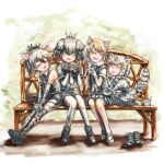  4girls aardwolf_(kemono_friends) aardwolf_ears aardwolf_print aardwolf_tail animal_ears animal_print bangs bare_shoulders bench black_hair bodystocking brown_hair cat_ears cat_girl cat_tail closed_eyes collared_shirt commentary_request day dress elbow_gloves facing_another fingerless_gloves footwear_removed fox_ears friends full_body fur-trimmed_sleeves fur_collar fur_trim gloves green_eyes grey_hair grey_shirt grey_shorts hair_between_eyes half-closed_eyes height_difference high_ponytail holding kemono_friends kneeling knees_together_feet_apart leaning_forward leaning_to_the_side legs_together legwear_under_shorts long_hair long_sleeves medium_hair multicolored_hair multiple_girls necktie on_bench open_mouth outdoors outstretched_arms outstretched_legs pallas&#039;s_cat_(kemono_friends) pantyhose park_bench parted_bangs scarf shirt shoebill_(kemono_friends) shoes short_over_long_sleeves short_sleeves shorts side-by-side sitting sitting_on_bench skirt sleeveless sleeveless_shirt smile stealstitaniums striped_tail tail tibetan_sand_fox_(kemono_friends) two-tone_hair wing_collar yellow_eyes 