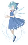  1girl aqua_eyes bangs blue_dress blue_legwear blue_ribbon blush cirno collar_up collared_shirt dress floating from_side full_body hair_ribbon hands_up highres ice ice_wings legs lips looking_at_viewer looking_to_the_side nanasuou parted_lips puffy_short_sleeves puffy_sleeves red_ribbon ribbon shirt short_hair short_sleeves simple_background snowflake_print snowflakes solo touhou white_background white_legwear white_shirt wind wings 