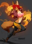  2021 4_toes 5_fingers action_pose anthro aomori big_breasts breasts canid canine clothed clothing digital_media_(artwork) feet female fingers hair hi_res mammal midriff navel pose red_eyes red_hair solo toes 