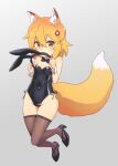  1girl animal_ear_fluff animal_ears black_footwear black_legwear black_leotard black_neckwear blonde_hair bow bowtie breasts bunny_ears covered_navel detached_collar drawfag fake_animal_ears flower fox_ears fox_girl fox_tail full_body grey_background hair_between_eyes hair_flower hair_ornament headgear_removed high_heels highres leotard looking_at_viewer playboy_bunny senko_(sewayaki_kitsune_no_senko-san) sewayaki_kitsune_no_senko-san simple_background small_breasts solo strapless strapless_leotard tail thighhighs wrist_cuffs yellow_eyes 