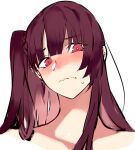  1girl azarea bangs blunt_bangs blush closed_mouth commentary_request eyebrows_visible_through_hair girls_frontline hair_between_eyes head_only long_hair looking_at_viewer nose_blush one_side_up purple_hair red_eyes sidelocks simple_background solo sweat wa2000_(girls_frontline) wavy_mouth white_background 