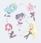  5girls akemi_homura alternate_color alternate_eye_color alternate_hair_color ankle_boots aqua_hair arms_at_sides arrow_(symbol) beige_shirt black_eyes black_hair black_legwear black_skirt blonde_hair boots brown_footwear chibi clenched_hand color_switch crossed_legs drill_hair expressionless facing_viewer feet_up flower food food_in_mouth full_body green_hoodie grey_background hair_flower hair_ornament hair_ribbon hairband hairpin half-closed_eyes hand_on_own_cheek hand_on_own_face hand_up hands_in_pockets hands_up happy high_ponytail hood hood_down hoodie jitome juliet_sleeves kaname_madoka knees_together_feet_apart legs_apart long_hair long_sleeves looking_at_viewer looking_to_the_side mahou_shoujo_madoka_magica miki_sayaka mitakihara_school_uniform mouth_hold multiple_girls neck_ribbon no_nose open_mouth outline pantyhose pink_hair pleated_skirt pocky pokki_(sue_eus) puffy_sleeves red_hair red_ribbon ribbon sakura_kyouko school_uniform serious shirt shoes short_hair short_twintails shorts simple_background skirt socks solid_oval_eyes thighhighs tomoe_mami twin_drills twintails v-shaped_eyebrows white_footwear white_legwear white_outline yellow_ribbon zipper 