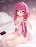  1girl :o antenna_hair babydoll bare_arms bare_shoulders bed black-framed_eyewear braid breasts cellphone character_request cleavage collarbone copyright_request glasses hair_intakes long_hair looking_at_viewer medium_breasts naomi_(fantasia) navel on_bed panties parted_lips phone pink_panties purple_hair red_eyes sitting smartphone solo stomach thighs twin_braids underwear underwear_only 