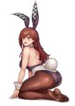  1girl absurdres alice_gear_aegis animal_ears aomoro back bangs bare_shoulders blush breasts brown_hair brown_legwear bunny_ears bunny_tail eyebrows_visible_through_hair eyes_visible_through_hair feet from_behind full_body hair_between_eyes highres leotard long_hair looking_back medium_breasts no_shoes open_mouth pantyhose playboy_bunny purple_leotard red_eyes soles solo tail toes usamoto_anna white_background wrist_cuffs 