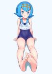  1girl absurdres aomoro_ii bangs bare_arms barefoot blue_eyes blue_hair blue_sailor_collar blush bright_pupils collarbone commentary covered_navel feet full_body hairband highres knees lana_(pokemon) looking_at_viewer one-piece_swimsuit pokemon pokemon_(game) pokemon_sm sailor_collar shirt short_hair simple_background sitting sleeveless smile soles solo swimsuit swimsuit_under_clothes toes trial_captain white_background white_pupils white_shirt yellow_hairband 