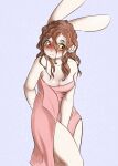  2021 alasou anthro blush breasts brown_hair cleavage clothed clothing digital_media_(artwork) eyebrows eyelashes female freckles hair hi_res lagomorph leporid mammal rabbit shy solo standing towel towel_only yellow_eyes 