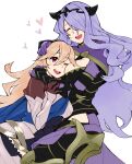  2girls armor blush breast_press breasts camilla_(fire_emblem) cape cleavage closed_eyes colorfag commentary corrin_(fire_emblem) corrin_(fire_emblem)_(female) crown fire_emblem fire_emblem_fates ge-b gloves greyscale hair_over_one_eye hairband heart hug large_breasts lips long_hair manakete monochrome multiple_girls one_eye_closed open_mouth pointy_ears smile tiara very_long_hair wavy_hair white_background 