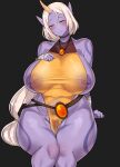  absurd_res areola big_areola big_breasts blush breasts camel_toe cham22 female hair hand_on_breast hi_res horn horned_humanoid huge_breasts humanoid humanoid_pointy_ears inverted_nipples league_of_legends long_hair looking_at_viewer nipples purple_body purple_skin riot_games simple_background sitting smile solo soraka thick_thighs video_games white_hair yellow_eyes 