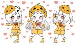  3girls abyssal_ship blush_stickers colored_skin commentary_request halloween_costume heart heart_background horns jack-o&#039;-lantern kantai_collection long_hair mittens multiple_girls northeastern_ocean_princess_(roshiakouji-chan) northern_ocean_princess northern_sea_princess_(roshiakouji-chan) one_side_up open_mouth orange_eyes orange_footwear orange_mittens roshiakouji-chan single_horn smile standing standing_on_one_leg white_hair white_skin 