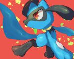  commentary_request creature gen_4_pokemon highres looking_back no_humans nullma orange_eyes parted_lips pokemon pokemon_(creature) red_background riolu shiny shiny_skin solo toes 