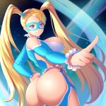  1girl ass bangs blonde_hair blue_eyes blue_leotard breasts commentary_request detached_sleeves fingernails frills fujimura_hinami hand_on_hip highleg highleg_leotard highres index_finger_raised large_breasts leotard lips long_hair looking_back mask parted_lips rainbow_mika shiny shiny_skin simple_background smile solo street_fighter street_fighter_zero_(series) teeth thighs tied_hair twintails wrestling_mask wrestling_outfit 