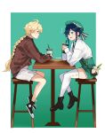  2boys absurdres aether_(genshin_impact) ahoge alternate_legwear argyle argyle_legwear bag bangs black_hair blonde_hair blue_eyes blue_hair braid cape casual chair cup earrings flower genshin_impact gradient_hair green_headwear hair_between_eyes handbag hat high_chair highres holding holding_cup jewelry long_hair long_sleeves looking_at_another male_focus multicolored_hair multiple_boys open_mouth otoko_no_ko ring shoes shorts smile sushisalmon95 table thighhighs thighs twin_braids venti_(genshin_impact) white_legwear yellow_eyes 