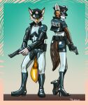 2021 ailurid anthro canid canine clothing conditional_dnp duo english_text glistening glistening_clothing gun handgun high_heels male mammal pistol police_hat police_uniform ranged_weapon red_panda rubber simple_background standing text trunchbull uniform weapon 