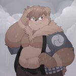  1:1 2020 absurd_res anthro bottomwear brown_body brown_fur clothing fur hi_res humanoid_hands kemono l4zily male mammal outside overweight overweight_anthro overweight_male pants raining solo ursid wet 