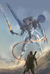  1boy desert energy_sword glowing highres holding holding_sword holding_weapon leaning_back looking_up mecha mechanical_arms metal_gear_(series) metal_gear_sahelanthropus metal_gear_solid_v mobius_(suicideloli) open_hands science_fiction single_mechanical_arm sword venom_snake visor weapon 