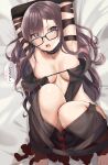  1girl absurdres arm_strap armpits arms_behind_head arms_up bare_shoulders black_dress black_gloves blush breasts brown_eyes brown_hair center_opening choker cleavage collarbone dress earrings elbow_gloves fate/grand_order fate_(series) fou_(ssqseeker) glasses gloves highres jewelry knees_up large_breasts long_hair lying multiple_earrings on_back open_mouth ribbon-trimmed_dress speech_bubble translation_request very_long_hair yu_mei-ren_(fate) 