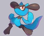  closed_mouth commentary_request creature frown full_body gen_4_pokemon grey_background hands_up highres looking_to_the_side no_humans nullma pokemon pokemon_(creature) red_eyes riolu shiny shiny_skin simple_background toes 