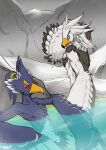  absurd_res anthro avian bathing beak bird blue_body blue_feathers breath_of_the_wild chocolate_muffins duo feathers hi_res hot_spring male nintendo nude revali rito slim teba_(tloz) the_legend_of_zelda video_games water white_body white_feathers 