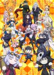  1boy 6+girls absurdres ahoge alcohol armor armored_dress artoria_pendragon_(all) baseball_cap black_dress black_legwear black_skirt blonde_hair blue_eyes boots breasts brown_hair buruma carrot chaldea_uniform confetti corn_dog cosplay cup dress drinking_glass edmond_dantes_(fate) eyebrows_visible_through_hair fangs fate/grand_carnival fate/grand_order fate_(series) fou_(fate) fujimaru_ritsuka_(female) gauntlets gilgamesh_(caster)_(fate) gilgamesh_(fate) glasses green_eyes gym_uniform hair_ornament hair_over_one_eye hair_scrunchie hat highres horns illyasviel_von_einzbern instrument jacket jaguarman_(fate) jeanne_d&#039;arc_(alter)_(fate) jeanne_d&#039;arc_(fate)_(all) key_visual large_breasts light_purple_hair long_sleeves looking_at_viewer looking_back maracas mash_kyrielight medium_breasts merlin_(fate) multiple_girls mysterious_neko_v mysterious_neko_w mysterious_neko_x mysterious_neko_y necktie nero_claudius_(fate) nero_claudius_(fate)_(all) official_art open_mouth orange_eyes orange_hair pantyhose pleated_skirt purple_eyes red_eyes saber_lily scar scar_on_face scarf scrunchie shinai short_hair side_ponytail single_horn sitonai_(fate) skirt skull_mask small_breasts smile sword tail thighhighs upper_teeth weapon white_footwear wine wine_glass yellow_eyes zettai_ryouiki 