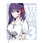  1girl arm_behind_back bangs dress fate/stay_night fate_(series) hair_ribbon heaven&#039;s_feel highres long_hair looking_at_viewer matou_sakura morii_shizuki purple_eyes ribbon smile upper_body white_dress 