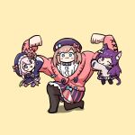  3girls :3 animal_ear_fluff animal_ears bangs beret blue_eyes blush bow bow_choker brooch brown_hair cardigan chibi commentary_request fensi flower frilled_hood hair_bow hair_ornament hat jacket jewelry kamishiro_kurea long_hair long_sleeves multiple_girls nijisanji one_eye_closed open_mouth pink_cardigan pink_hair pongari purple_eyes purple_hair sephira_su shirt simple_background striped suzuhara_lulu swept_bangs virtual_youtuber white_shirt 