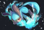 black_background blurry commentary_request creature energy gen_4_pokemon highres no_humans nullma orange_eyes pokemon pokemon_(creature) riolu shiny shiny_skin solo 