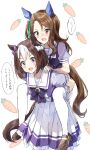  2girls :d animal_ears bangs blush bow braid brown_footwear brown_hair carrying commentary_request ear_bow eyebrows_visible_through_hair frilled_skirt frills green_bow hair_bow highres horse_ears horse_girl horse_tail king_halo_(umamusume) long_hair multicolored_hair multiple_girls one_side_up open_mouth parted_bangs pentagon_(railgun_ky1206) piggyback pleated_skirt puffy_short_sleeves puffy_sleeves purple_bow purple_eyes purple_shirt red_eyes school_uniform shirt shoes short_sleeves simple_background skirt smile special_week_(umamusume) streaked_hair sweat tail thighhighs tracen_school_uniform translation_request umamusume v-shaped_eyebrows white_background white_hair white_legwear white_skirt 
