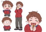  1boy be_(ronironibebe) blush brown_eyes brown_hair chibi closed_eyes clyde_donovan eating food heart holding holding_food jacket open_mouth red_jacket short_hair smile south_park taco 
