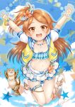  1girl :d animal arms_up bangs bikini bikini_skirt blue_bikini blue_sky blush brown_eyes brown_hair cat cloud collarbone commentary_request day drawstring eyebrows_visible_through_hair flower flower_bracelet full_body highres idolmaster idolmaster_million_live! idolmaster_million_live!_theater_days jacket long_hair looking_at_viewer one_side_up oogami_tamaki open_clothes open_jacket open_mouth outdoors parted_bangs polka_dot polka_dot_bikini puffy_short_sleeves puffy_sleeves regular_mow round_teeth shoes short_sleeves sky smile solo star_(symbol) swimsuit teeth upper_teeth very_long_hair white_flower white_footwear yellow_jacket 