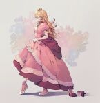  1girl blonde_hair blue_eyes breasts bridal_gauntlets crown dress earrings frills high_heels highres jewelry long_hair looking_down nachoz_(nachozart) nintendo pink_dress pink_footwear princess_peach shadow shoes sneakers solo 