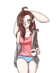  2021 ahoge alasou anthro bags_under_eyes beverage breasts brown_hair butt_from_the_front clothed clothing coffee coffee_mug digital_media_(artwork) eyebrows eyelashes female hair hi_res lagomorph leporid looking_at_viewer mammal panties rabbit simple_background solo thigh_gap underwear white_background white_body yellow_eyes 