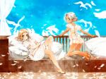  2girls absurdres ass back_bow bare_legs barefoot bird blonde_hair blue_eyes blue_sky blush bow commentary crossed_legs dark_skin dark_skinned_female dove dress english_commentary feathers full_body grey_eyes hair_bun highres kneeling looking_at_viewer looking_back medium_hair multiple_girls neck_ribbon original oyari_ashito parted_lips petite pillow pointy_ears puffy_short_sleeves puffy_sleeves redrawn ribbon see-through short_sleeves silver_hair sitting sky veranda white_dress 