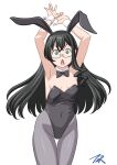  1girl animal_ears arms_up artist_name black_hair black_leotard black_neckwear bow bowtie breasts bunny_ears commentary_request cowboy_shot detached_collar fake_animal_ears glasses green_eyes grey_legwear highres kantai_collection leotard long_hair looking_at_viewer ooyodo_(kancolle) pantyhose playboy_bunny semi-rimless_eyewear simple_background small_breasts solo strapless strapless_leotard t2r thigh_gap under-rim_eyewear white_background wrist_cuffs 