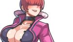  1girl black_shirt blush breasts cleavage fighting_stance fur_trim hair_over_eyes highres jacket large_breasts lips pink_jacket pose sagas293 shermie_(kof) shirt simple_background the_king_of_fighters the_king_of_fighters_xv white_background work_in_progress 