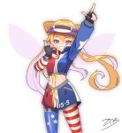  1girl alternate_costume american_flag blonde_hair clownpiece fairy fairy_wings fingerless_gloves gloves long_hair pantyhose pink_eyes simple_background solo touhou twintails very_long_hair wings z.o.b 