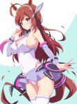  1girl ahoge animal_ears blue_eyes breasts brown_hair cleavage covered_navel eyebrows_visible_through_hair highres horse_ears horse_girl horse_tail large_breasts long_hair looking_at_viewer mel_(melty_pot) mihono_bourbon_(umamusume) solo sweat tail thighs umamusume 