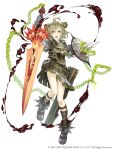  1boy ahoge armor belt belt_pouch chain full_body gauntlets green_eyes green_hair highres ji_no looking_at_viewer official_art pinocchio_(sinoalice) pouch scabbard sheath shield sinoalice smoke solo square_enix sword upper_teeth weapon white_background 