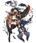  1girl blonde_hair boots cloak feathers full_body hidden_mouth holding holding_weapon hood hooded_cloak ji_no little_red_riding_hood_(sinoalice) lock long_hair looking_at_viewer midriff navel official_art orange_eyes padlock polearm short_shorts shorts sinoalice solo thigh_boots thighhighs transparent_background weapon 