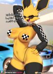  anthro big_breasts breasts burgerkiss canid canine car clothing conditional_dnp dialogue eeveelution english_text female hi_res jolteon looking_at_viewer mammal nintendo pok&eacute;mon pok&eacute;mon_(species) solo text thong underwear vehicle video_games 
