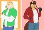  anthro belt bottomwear canid canine canis clothed clothing crossed_arms denim denim_clothing duo fox fully_clothed jeans leather leather_clothing male mammal mohawk multicolored_body pants treebarkdragon wolf 