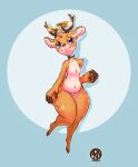  anthro antlers belly belly_overhang big_belly black_fingers blue_eyes cervid choker female fluffy_ears fur halo hi_res hooves horn humanoid jewelry kokoni mammal navel necklace nude orange_body orange_fur smile smiling_at_viewer solo spots spotted_body spotted_fur thick_thighs wide_hips 