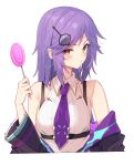  1girl bare_shoulders black_jacket breasts candy collared_shirt cropped_torso food hand_up head_tilt highres holding jacket jun_(aousa0328) lollipop long_hair looking_at_viewer monocle monster_strike necktie off_shoulder open_clothes open_jacket orange_eyes pointy_ears purple_hair sherlock_holmes_(monster_strike) shirt sidelocks simple_background sleeveless sleeveless_shirt small_breasts solo strap swirl_lollipop white_background white_shirt 