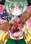  1girl 2others black_headwear blood blouse blush breasts closed_mouth commentary_request constricted_pupils dissection eyebrows_visible_through_hair frown gradient gradient_background green_eyes green_hair green_skirt guro hair_between_eyes hat heart heart_(organ) heart_background hrsk_(kihyahya) komeiji_koishi liver looking_down lungs medium_hair multiple_others open_clothes open_shirt outline pink_background ribs simple_background skirt small_breasts solo_focus sound_effects steam stomach_(organ) sweat touhou upper_body white_outline wide_sleeves yellow_blouse 