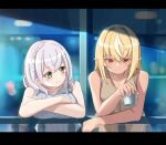  2girls bangs bare_arms bare_shoulders blonde_hair blush breasts brown_shirt closed_mouth collarbone commentary_request cup dark_skin dark_skinned_female drinking_glass eyebrows_visible_through_hair green_eyes grey_hair grey_shirt hair_between_eyes holding holding_cup hololive hot_kakigoori large_breasts letterboxed looking_at_another looking_to_the_side multicolored_hair multiple_girls ponytail railing red_eyes ribbed_shirt shiranui_flare shirogane_noel shirt sleeveless sleeveless_shirt smile streaked_hair upper_body virtual_youtuber white_hair 