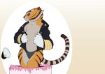  2018 anthro breasts cake clothing dessert discarded_clothing dreamworks felid female food hat headgear headwear jacket kung_fu_panda mammal master_tigress nipples pantherine panties pop_out_cake portrait sabrotiger solo stripper three-quarter_portrait tiger topwear underwear undressing 