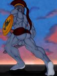  2014 abs anthro anus armor athletic backsack balls barefoot biceps big_muscles big_penis biped blackbear blue_body blue_skin bottomwear butt circumcised clothed clothing cloud colored costume detailed_background digital_drawing_(artwork) digital_media_(artwork) edit erection fan_character feet genitals glans greek hair headgear helmet holding_object holding_sword holding_weapon hoplite humanoid humanoid_genitalia humanoid_penis loincloth low-angle_view machoke male melee_weapon mikhail miniskirt muscular muscular_anthro muscular_legs muscular_male muscular_thighs nintendo nude outside pale_soles pecs penis plantigrade pok&eacute;mon pok&eacute;mon_(species) ponytail pose presenting presenting_hindquarters purple_body purple_skin rear_view red_eyes shield skirt sky soldier soles solo spread_legs spreading sunset sword thick_thighs toes topless upskirt video_games warrior weapon 
