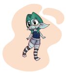  blue_body blue_skin bottomwear caflec clothing cute_face female fimoman footwear goblin goblin_girl green_hair hair hotpants humanoid membrane_(anatomy) pajamas shirt shorts simple_background smile smiling_at_viewer socks solo tank_top topwear tulpa vest webbed_hands 