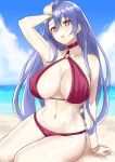 1girl beach bikini blue_hair blush breasts earrings gloves hair_over_one_eye highres iris_heart jewelry kami_jigen_game_neptune_v large_breasts long_hair looking_at_viewer neptune_(series) open_mouth outdoors pink_eyes sitting sky solo swimsuit symbol-shaped_pupils zatsu 