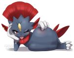  2018 after_vore ambiguous_gender belly big_belly claws duo grey_body lying nintendo nummynumz overweight pok&eacute;mon pok&eacute;mon_(species) red_eyes simple_background tongue tongue_out video_games vore weavile white_background 